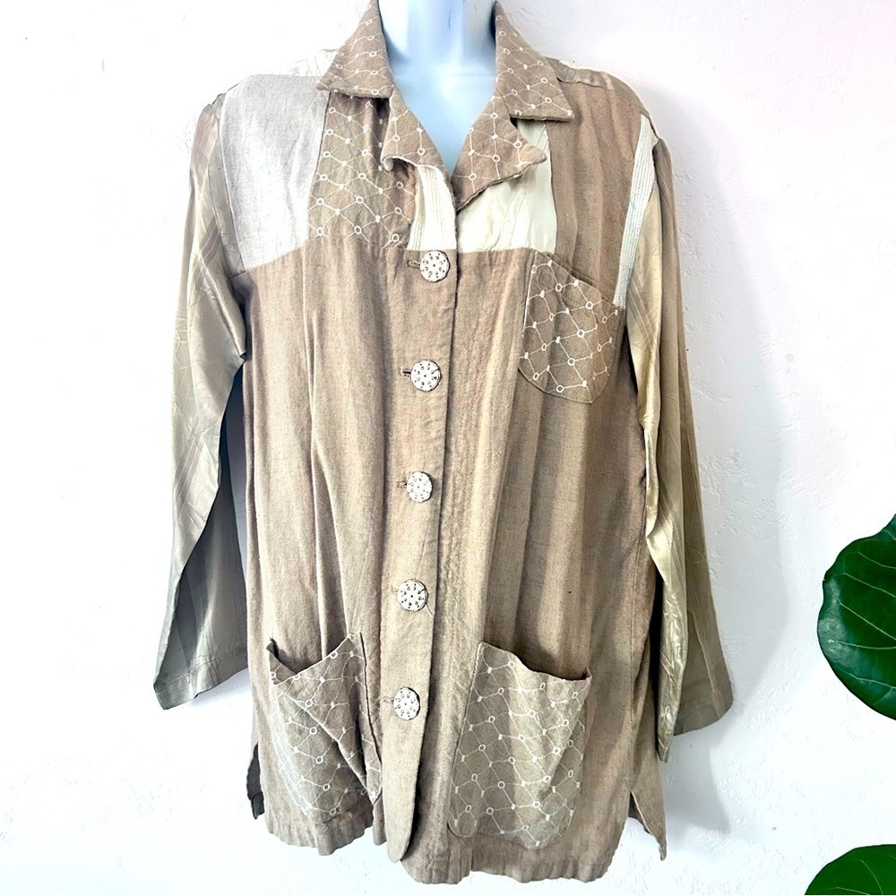 NEIL & DAVID Vintage Linen Lagenlook Patchwork Mixed Media Shirt Jacket Size S